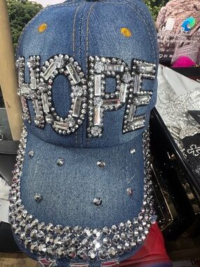Denim Baseball Cap with Rhinestone 'HOPE' Embellishment